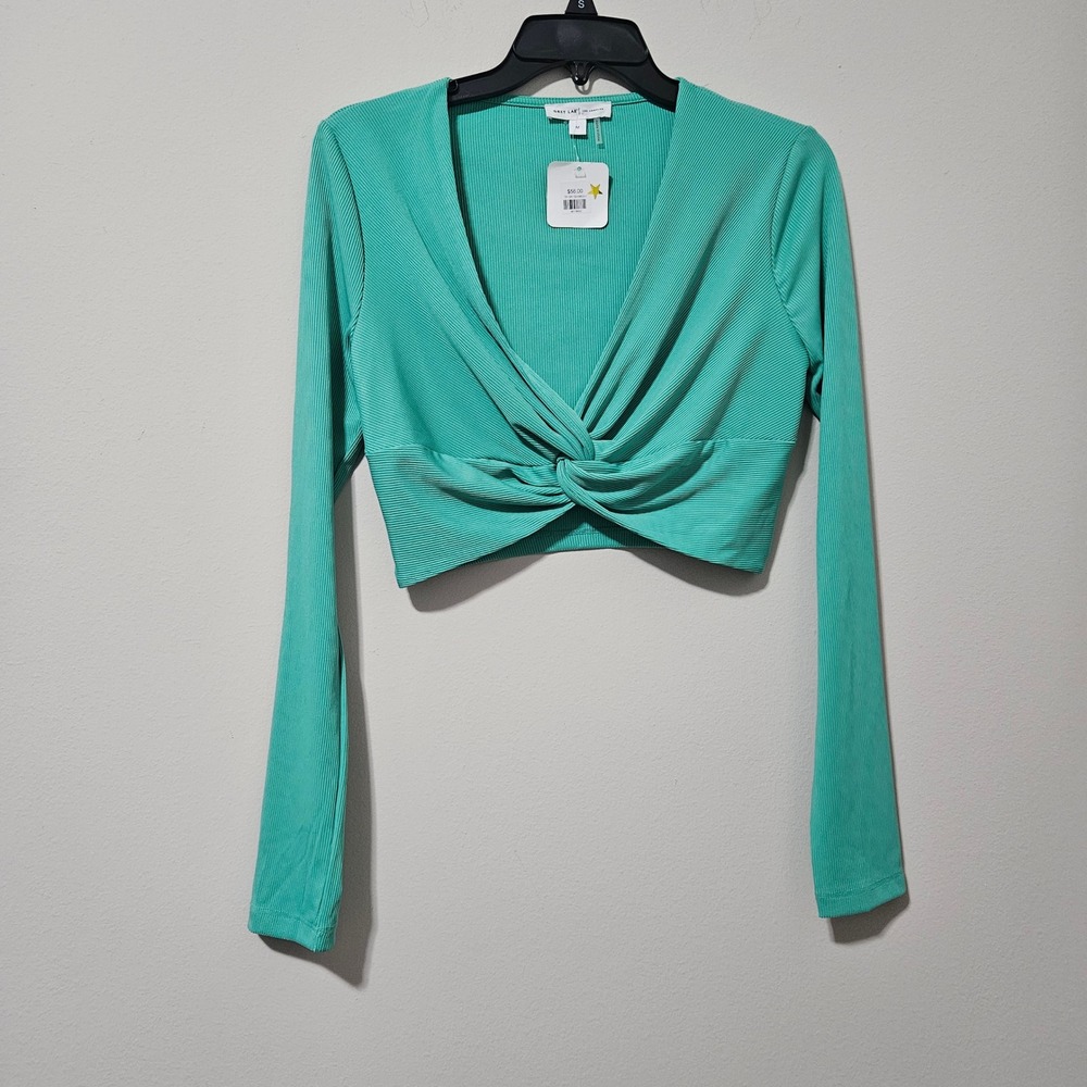 Grey Lab Los Angelesโ Teal Green Ribbed Twist Front V-Neck Crop Top